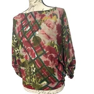 Vintage 90s Y2K Alberto Makali Knit Blouse Floral Sz Large Dolman Sleeve